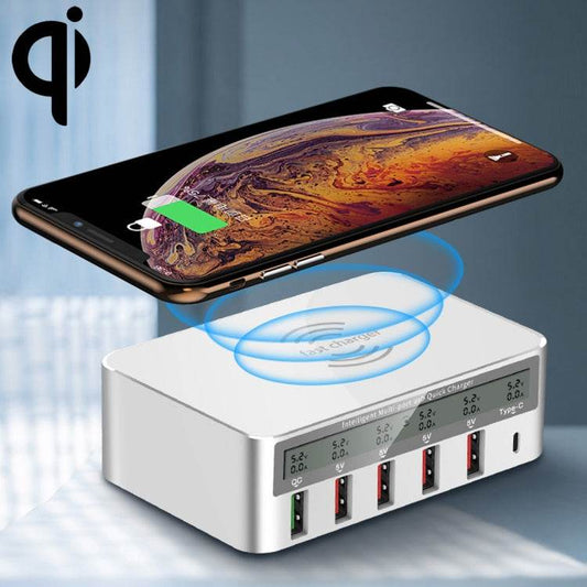 WLX-818F 6 en 1 10W QC3.0 Carga inalámbrica + USB-C / Type-C + Cargador de 4 puertos USB con pantalla LCD inteligente, enchufe UE / AU, EU / AU Plug (White) - venhogarsa.com