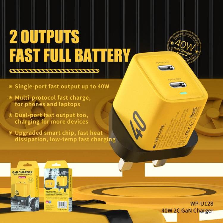 WK WP-U128 Cargador de nitruro de galio con interfaz dual USB-C/tipo-C de 40 W, especificaciones: enchufe para Reino Unido, UK Plug - venhogarsa.com